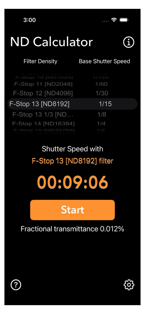 Neutral Density Calculator - Interface da aplicação Calculadora ND mostrando um cálculo de filtro de 13 stops com um temporizador de exposição de 9 minutos.