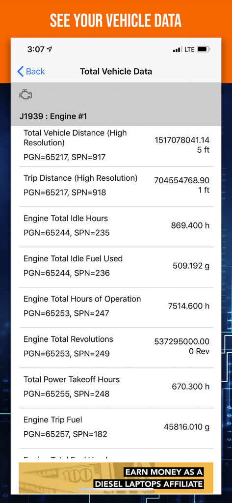 Diesel Decoder app interface showing detailed engine diagnostic data and parameters