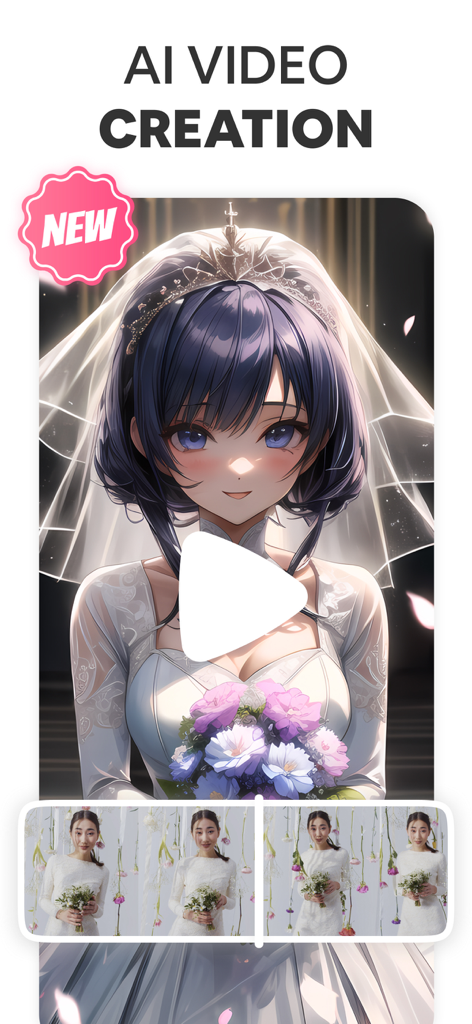 Neko AI - Anime Art Generator - AI video creation interface showing a photo transformed into an anime style bride