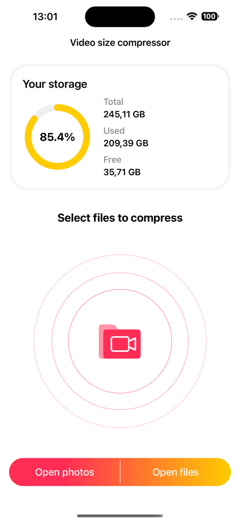 Interface of the Video Compressor app showing device storage usage and options to select video files from photos or folders