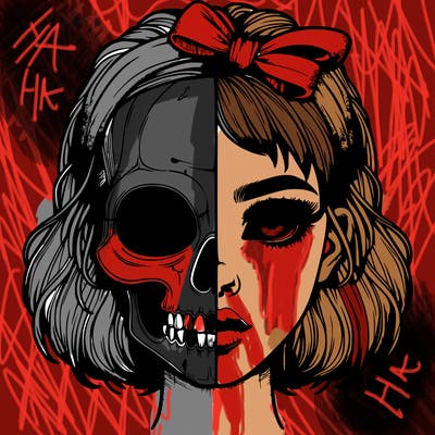 realistic girl with half skull mask