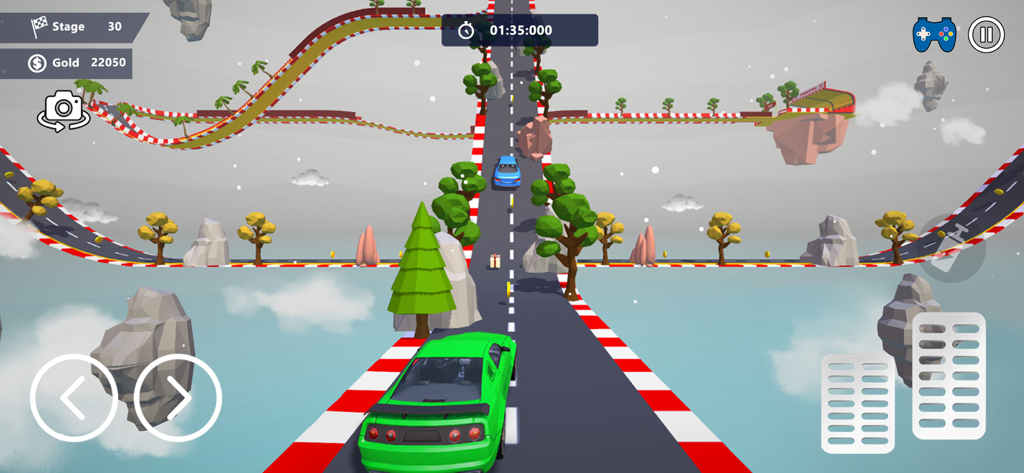 Green sports car driving on a floating mega ramp track in the sky with parkour obstacles