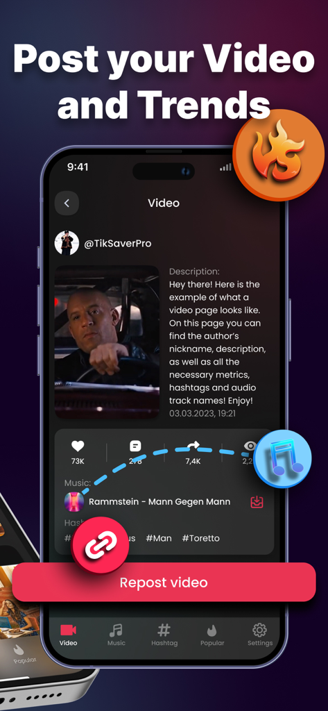 Tik Saver app interface displaying video statistics and a large red button to repost video