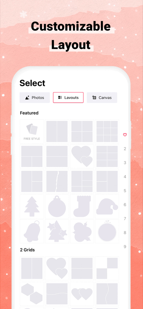 Remove Background - Collart SE - L'écran de sélection de la mise en page de l'application Collart SE montrant divers modèles de grille de photos et formes saisonnières.