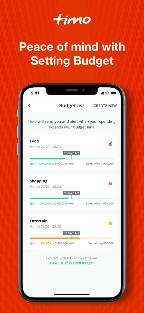 Timo Digital Bank by BVBank - Interface of Timo Digital Bank showing a budget list with spending alerts and category-wise progress bars.