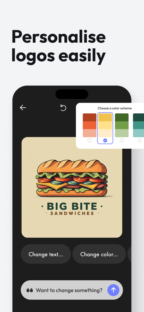 Logofy AI Logo Maker & Creator - Logofy AI mobile app screen showing the personalization of a sandwich shop logo using a color scheme selector