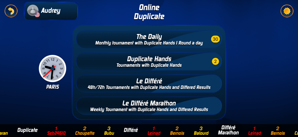 다양한 경쟁 모드를 보여주는 SHUA Jeu de Tarot의 온라인 중복 토너먼트 선택 화면