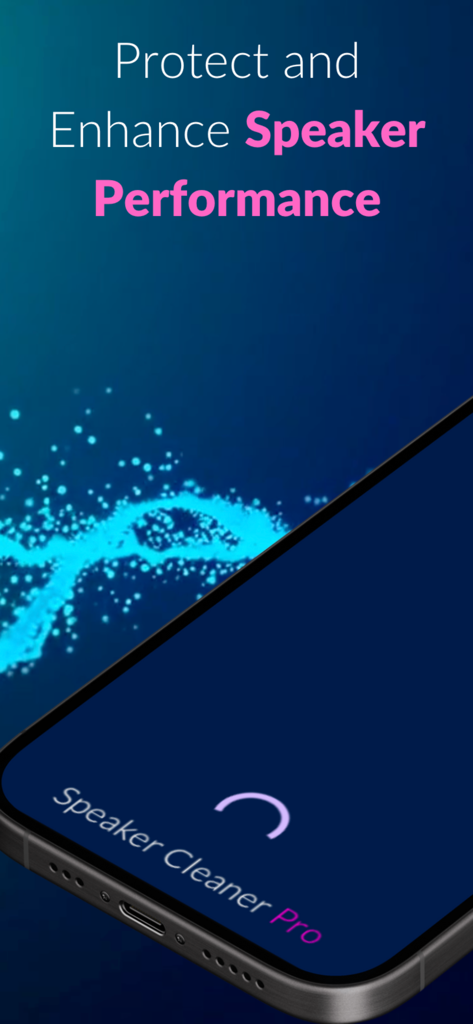 Speaker Cleaner Proアプリ画面、スマートフォンに「スピーカーパフォーマンスの保護と向上」というテキストが表示されている