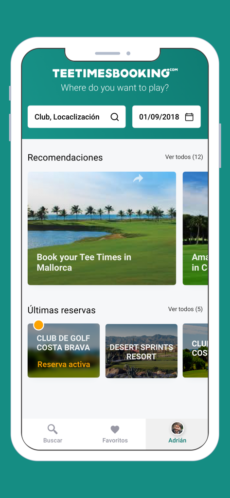 Tee Times Booking - Der Startbildschirm der Tee Times Booking App zeigt Empfehlungen für Golfplätze und aktuelle Buchungen.