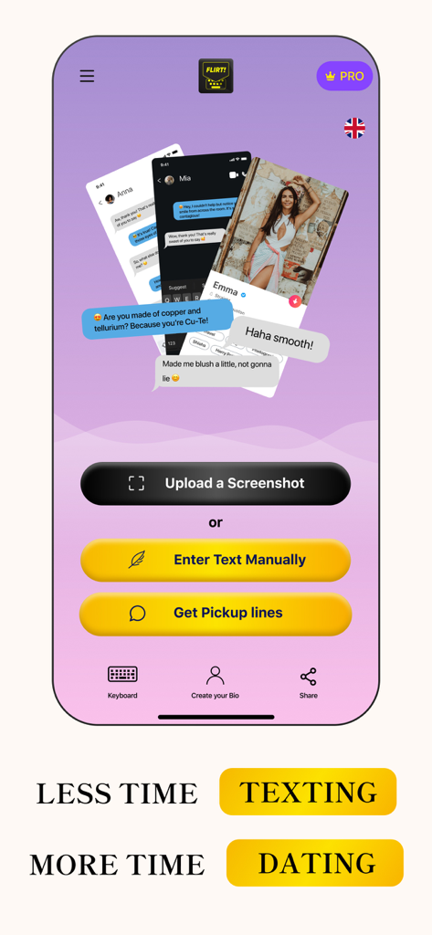 RizzPRO - AI Flirt Keyboard - RizzPRO app interface showing options to upload screenshots for AI generated pickup lines and conversation replies