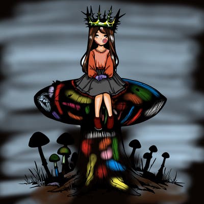 realistic girl sitting on a huge tree stump size toadstool with thorn crown