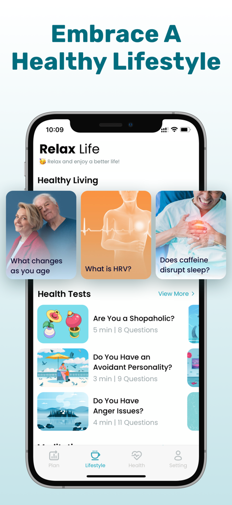 A smartphone screen showing the KeepHeart app lifestyle section with healthy living articles and mental health tests