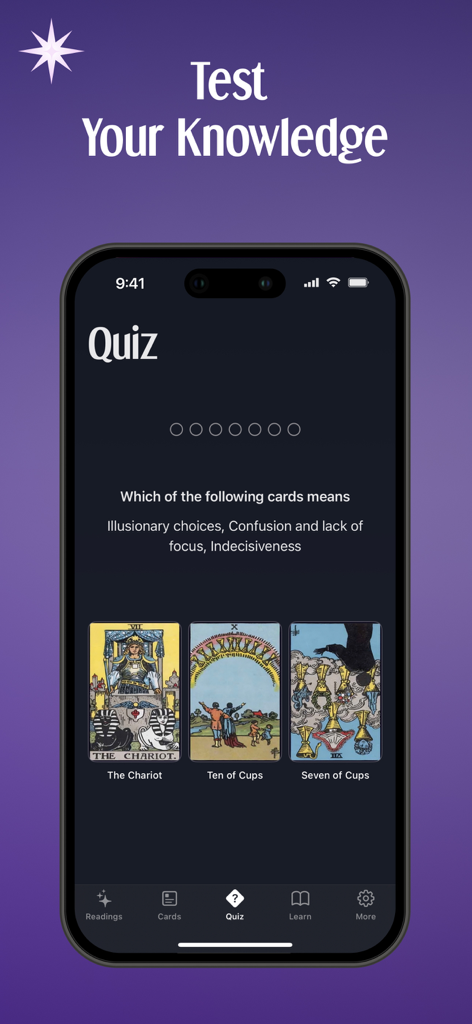 Learn Tarot: Rider Waite Cards - Screenshot of a tarot quiz screen asking the user to identify a card meaning from three Rider Waite card options.