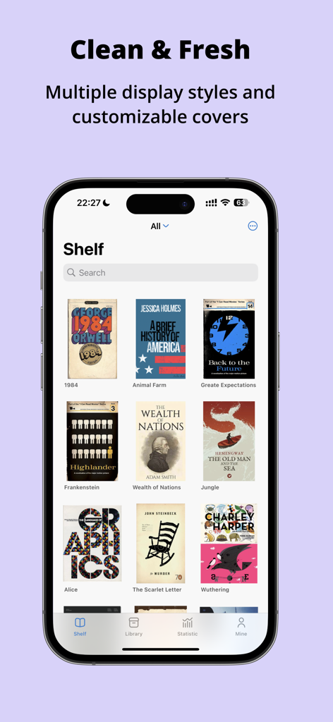 Readingo - A smartphone displaying the Readingo app's bookshelf view with customizable book covers and a minimalist design.