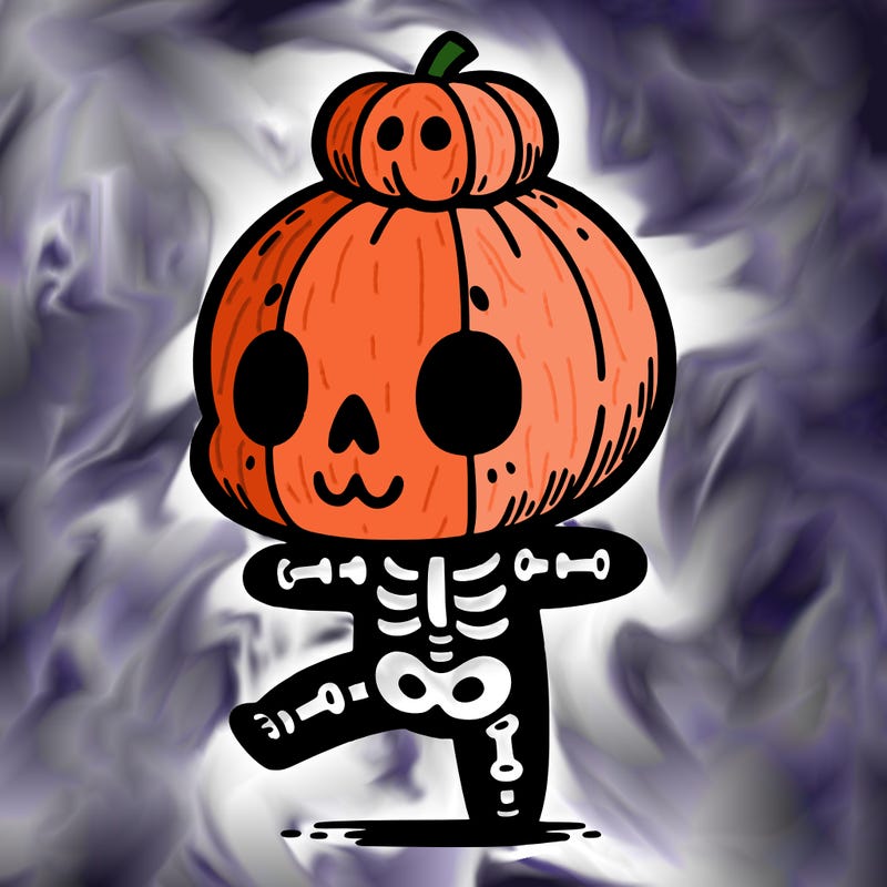 cute skeleton with a pumpkin on its head while dancing