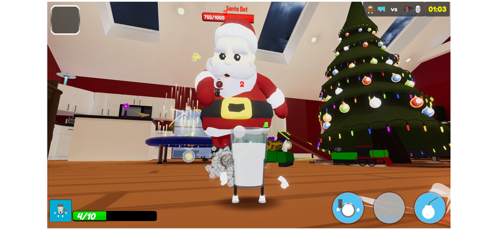 Cookies vs. Claus - Un personaje de vaso de leche lucha contra un Santa Claus gigante en una sala de estar festiva cerca de un árbol de Navidad decorado.