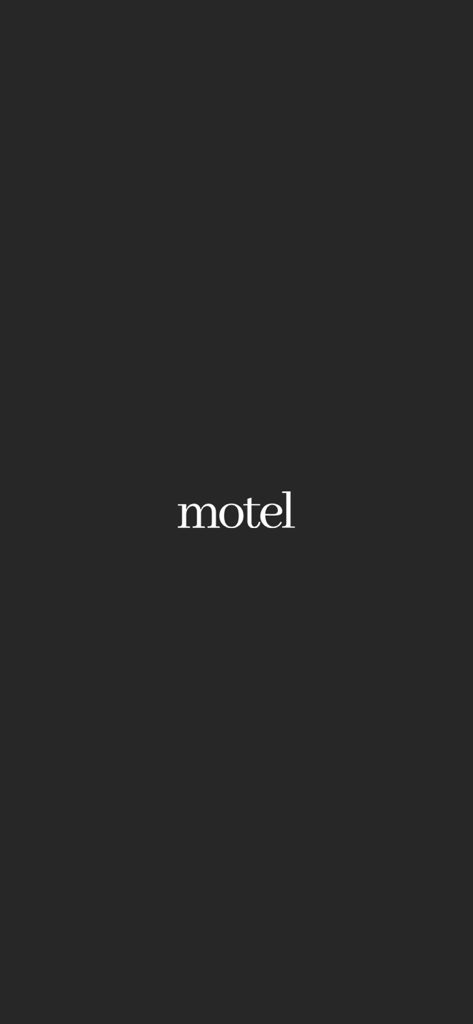 Motel Rocks - White motel logo centered on a dark grey background from the Motel Rocks mobile fashion app
