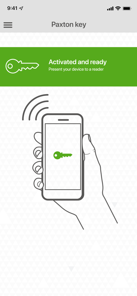 Paxton Key - Paxton Key app interface showing an activated virtual key ready for building access