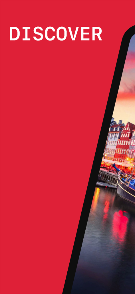 Copenhagen Reiseführer App Werbebildschirm mit dem Wort Entdecken und einem Blick auf den Nyhavn-Kanal.