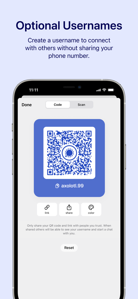 Tela do aplicativo Signal exibindo um nome de usuário opcional e código QR para privacidade.