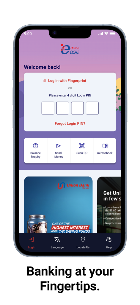 Vyom - Login interface for the Vyom mobile banking app by Union Bank of India showing biometric and PIN entry options.