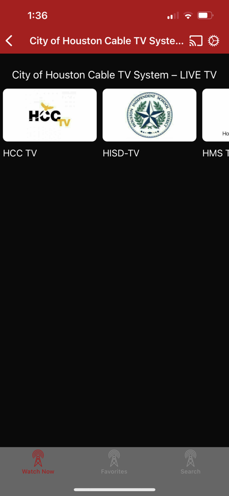 Live TV selection screen on the HTV Houston Television mobile app