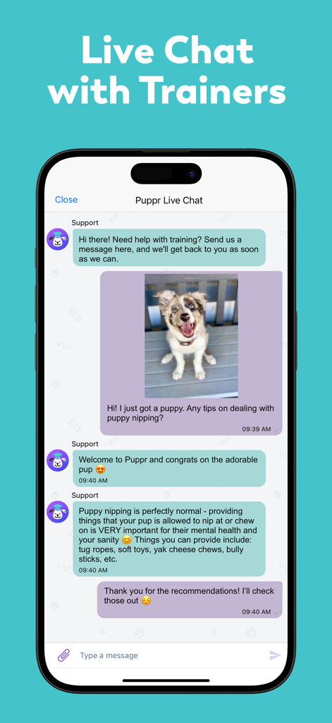Puppr - Dog Training & Tricks - A mobile screen showing the Puppr app live chat feature where a professional trainer provides advice on puppy nipping