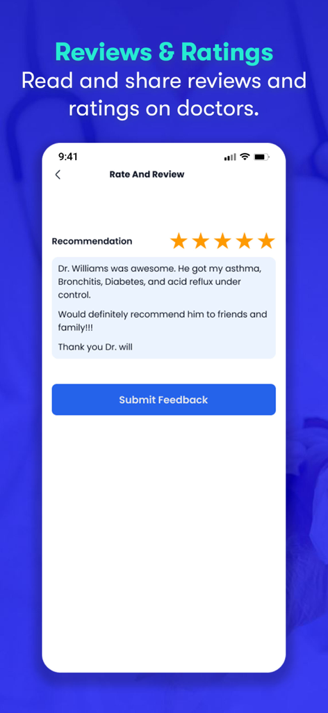 Schermata dell'app CureMe che mostra un'interfaccia di recensioni e valutazioni di medici a cinque stelle