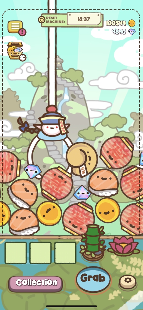Clawbert - Juego de máquina de garra kawaii con lindos personajes de sushi y gemas en un paisaje pastel