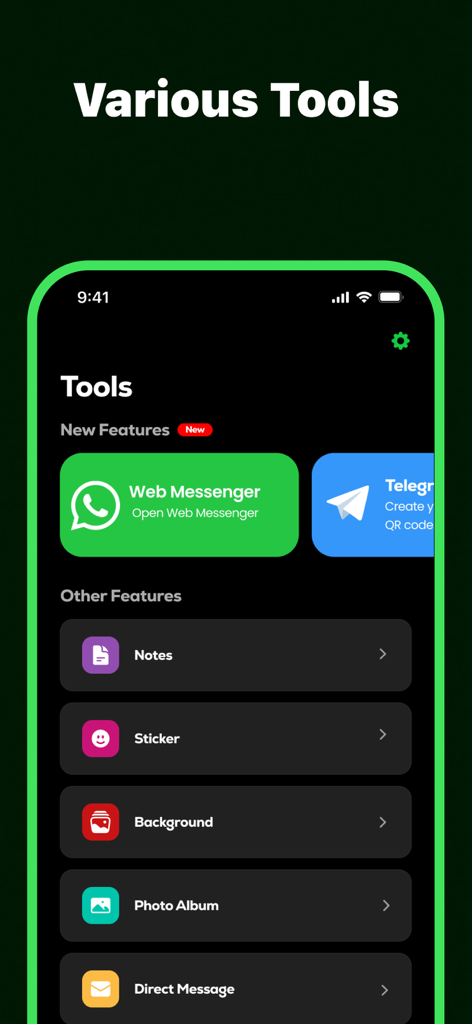Dual Chat : Web Messenger Plus - Panel de herramientas de la aplicación Dual Chat que muestra varias herramientas de mensajería, incluida la gestión de cuentas de WhatsApp y Telegram, junto con funciones de pegatinas y notas.