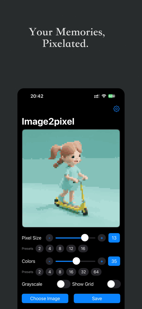 Image2pixel - Image2pixel app interface showing a pixelated girl on a scooter with editing sliders