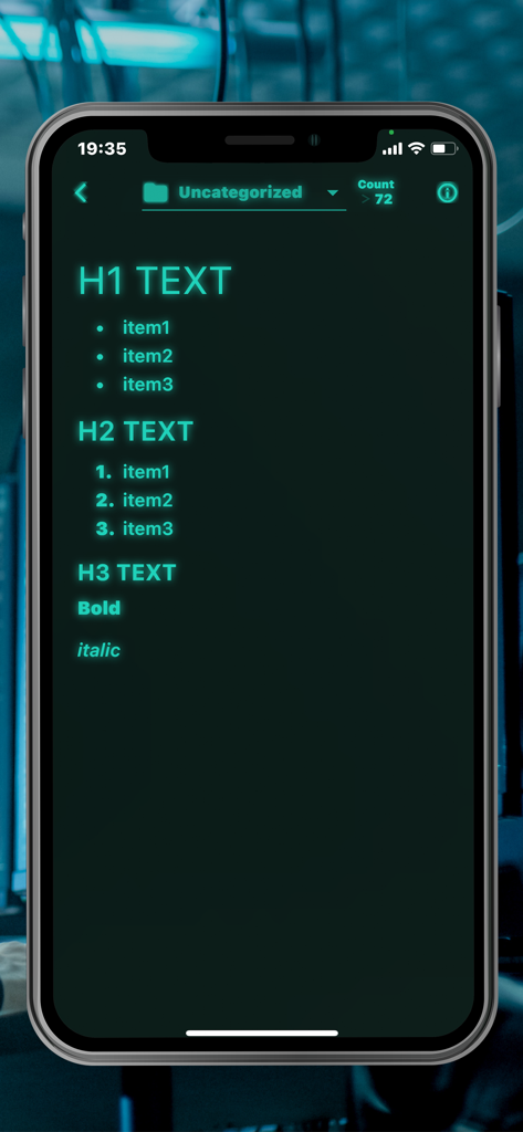 Markdown formatting example in Hacker Note showing neon green headers and lists