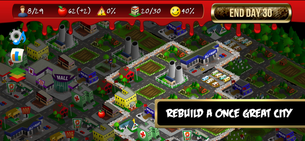 Rebuild - Screenshot of Rebuild game showing city buildings and survivor statistics in a post-apocalyptic strategy setting