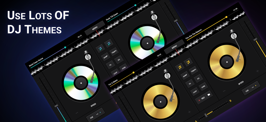 DJ Music Mixer - Dj Remix Pro - Una demostración de la interfaz de la aplicación DJ Music Mixer mostrando diferentes temas visuales para tornamesas virtuales, incluyendo estilos dorado e iridiscente.