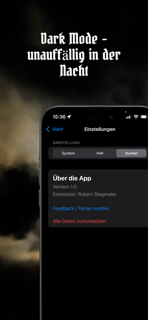 Waidwerk hunting app settings screen showing dark mode enabled for nighttime use.