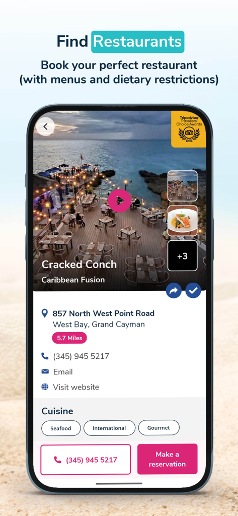 Explore Cayman - Explore Cayman mobile app showing restaurant details and reservation options