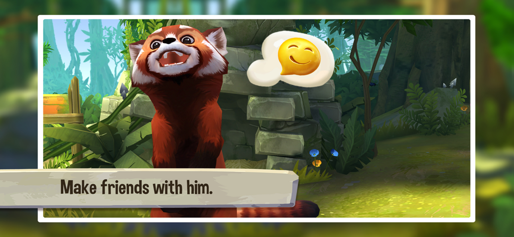 A happy red panda with a smiling emoji in a bamboo forest from Pet World My Red Panda game