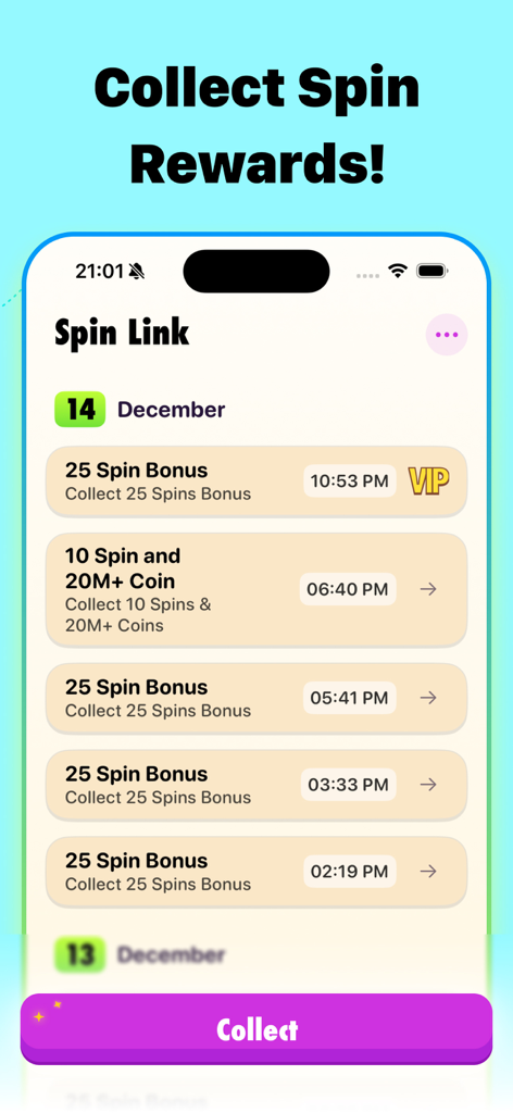 Spin Link Coin Spins: Spinlink - Mobile app interface showing a list of daily free spin and coin rewards for coin master