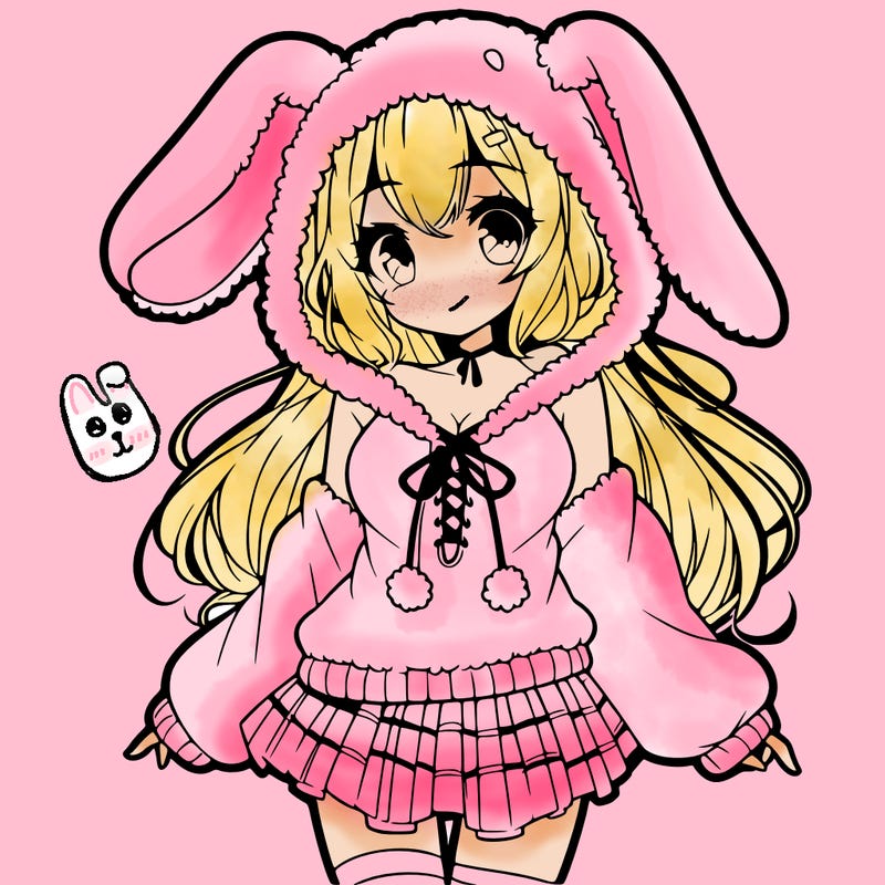 pretty anime girl wearing a fluffy hoodie with bunny ears on the hood and a skirt