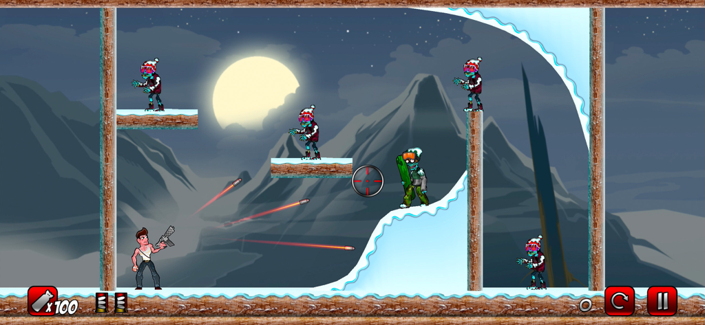 Stupid Zombies® 2 - Stupid Zombies 2 physics puzzle gameplay showing a hero shooting ricocheting bullets at zombies in a snowy mountain setting at night