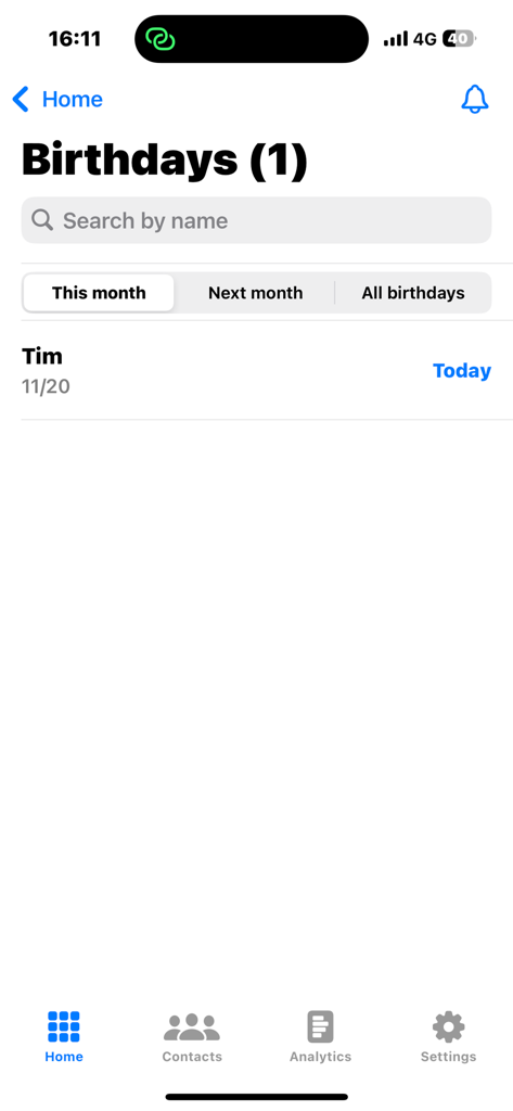 Geburtstagserinnerungsbildschirm in der Haven Link Offline-CRM-App mit anstehenden Geburtstagen.