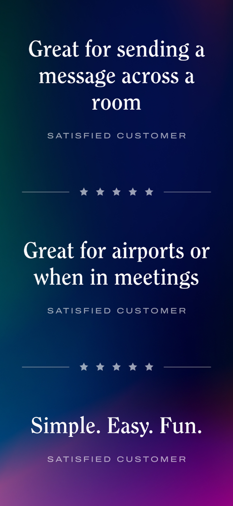 Three user reviews for MEGATEXT Led Banner Text describing its use in rooms airports and meetings