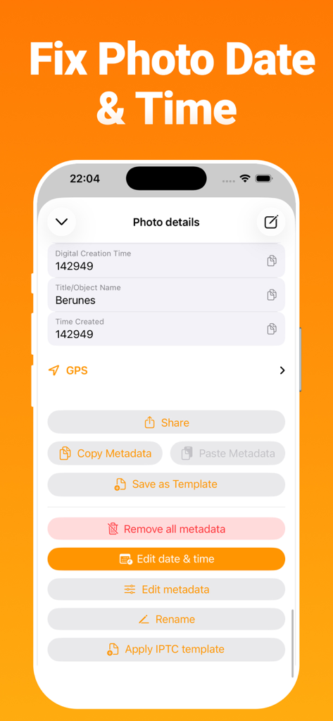 iPhone screenshot showing the photo details screen of the EXIF Metadata Editor app with an highlighted option to edit date and time.