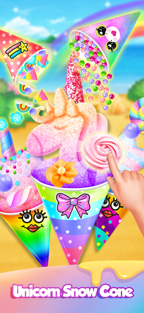 Carnival Unicorn Fair Food - A colorful unicorn snow cone being decorated with pink frosting and toppings in a creative cooking game for kids.