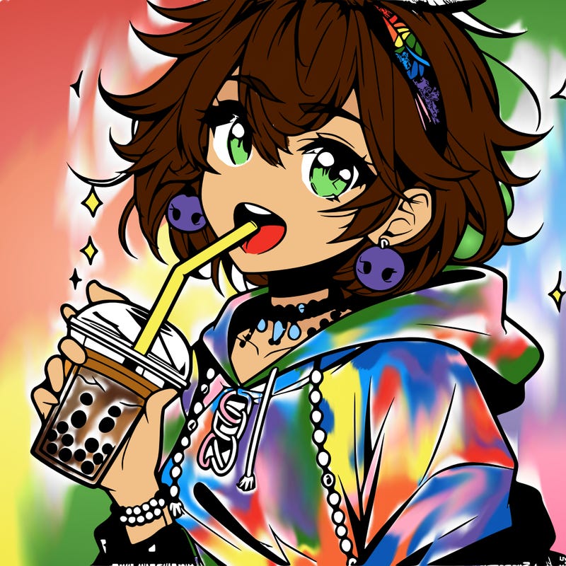 hot baddie anime girl drinking boba and biting the straw
