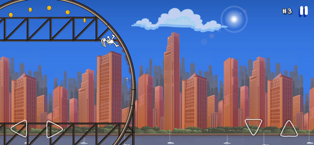 A stick figure character performing parkour stunts on a circular structure against an urban city skyline