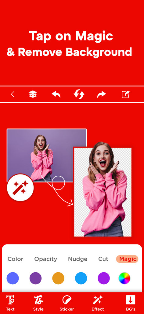 The magic background removal tool in the Thumbnail Maker app showing a person being cut out from a purple background.
