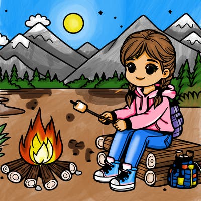 a girl sitting by a campfire roasting marshmallows with mountains in the background.