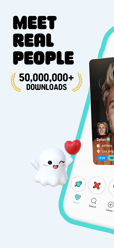 Boo — Dating. Friends. Chat. - Pantalla de bienvenida de la aplicación de citas Boo con una linda mascota fantasma y el perfil de un usuario llamado Dylan.