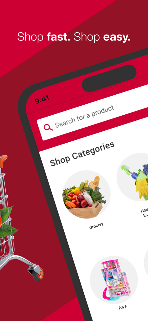 BJs Wholesale Club mobile app screen showing grocery and toy categories with a search bar and shop fast shop easy tagline
